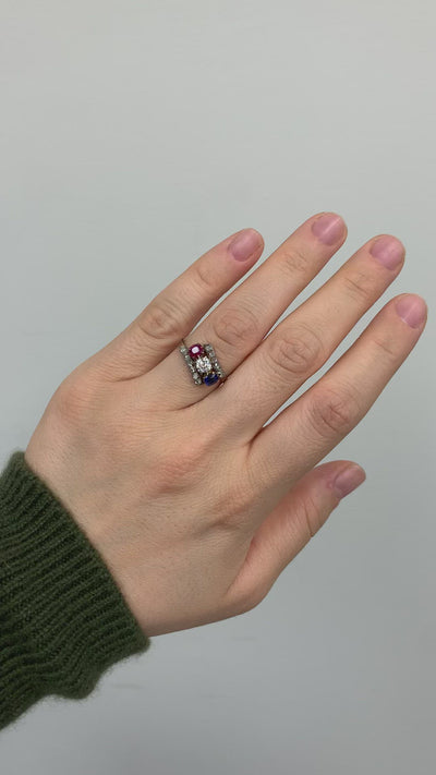 Antique Victorian 18K Yellow Gold Diamond Ruby Sapphire Three Stone Ring