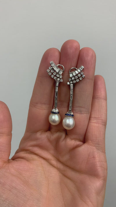 Antique Art Deco Palladium Diamond Sapphire Pearl Drop Earrings