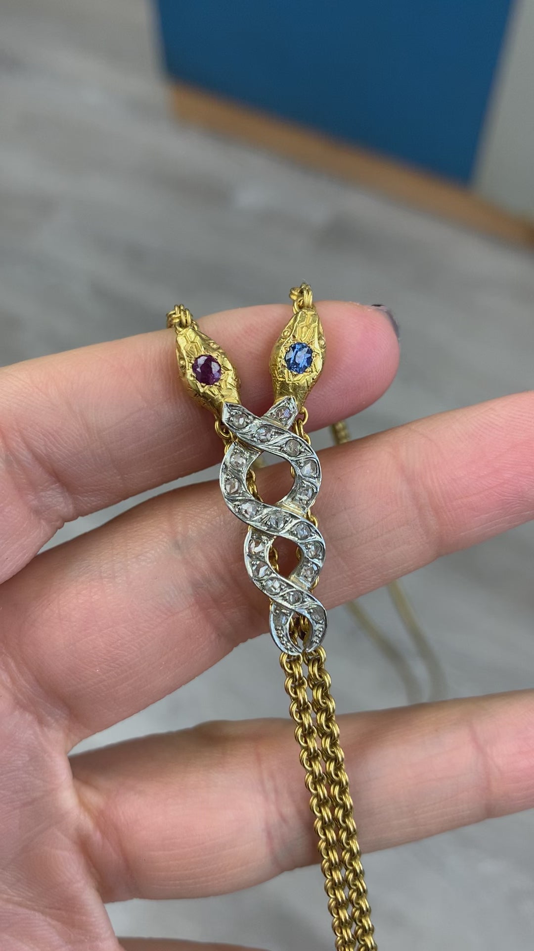 Antique Edwardian 18K Yellow Gold Rose Cut Diamond Ruby Sapphire Snake Necklace