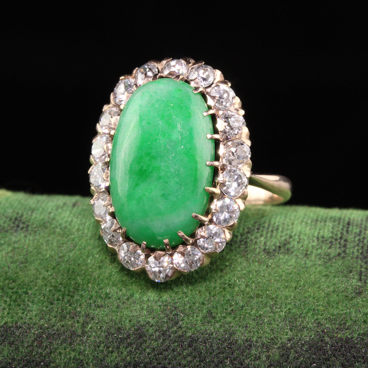 Antique Victorian 10K Yellow Gold Old European Diamond and Jade Ring