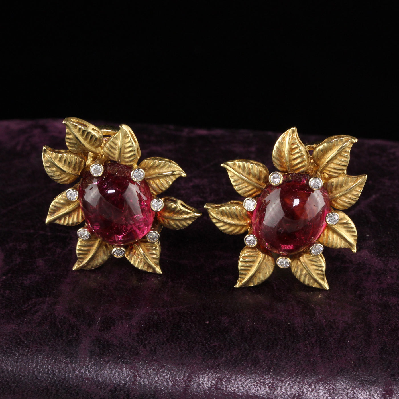 Toros Vintage 18 Karat Yellow Gold Diamond and Tourmaline Flower Earrings