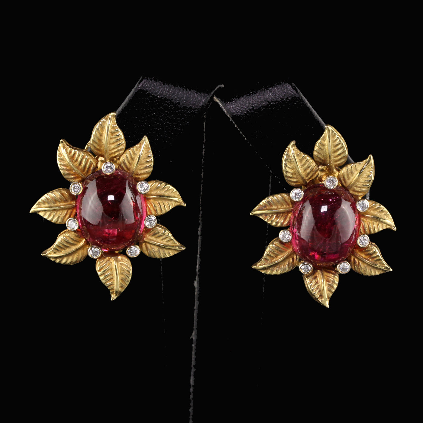 Toros Vintage 18 Karat Yellow Gold Diamond and Tourmaline Flower Earrings